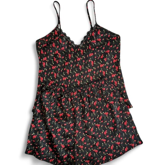 Secret Treasures Size M Set of 3 Cherry Print cami, shorts & robe (red & black) - Picture 1 of 8
